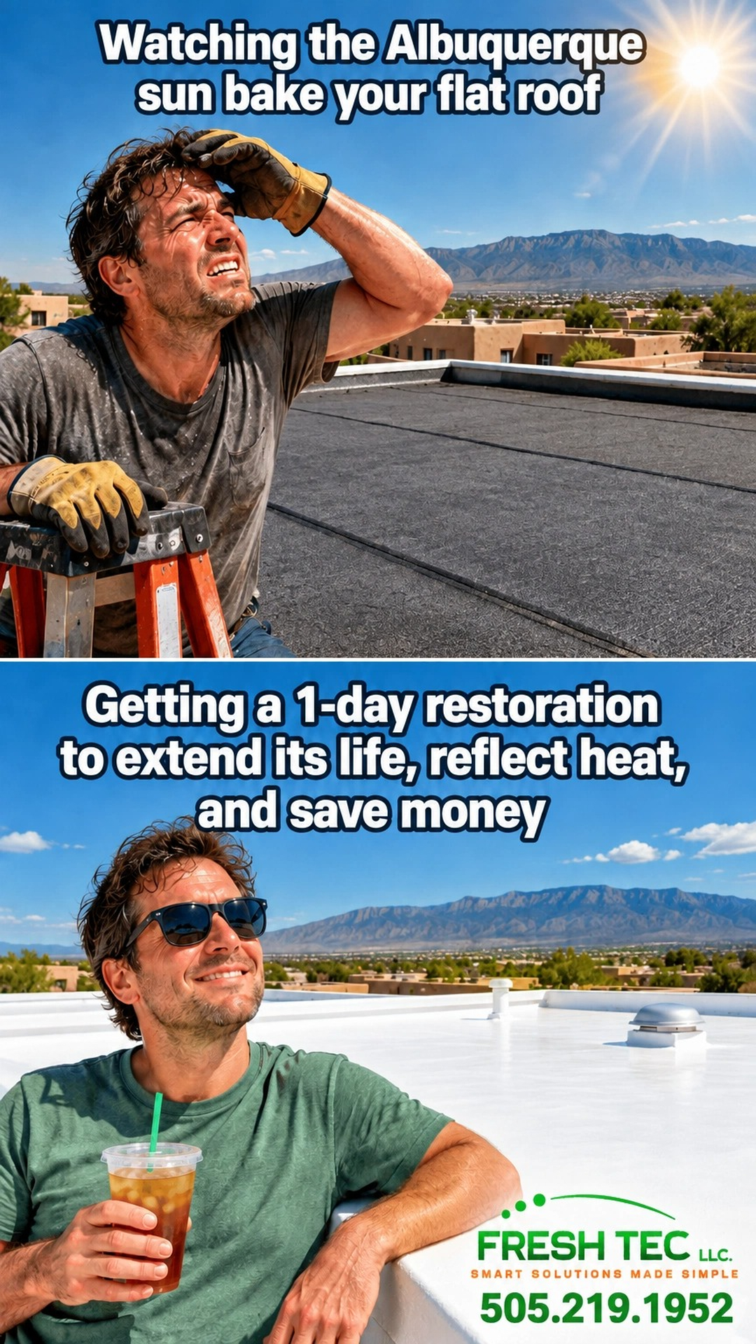 Flat roof silicone coating restoration completed in one day in Albuquerque NM