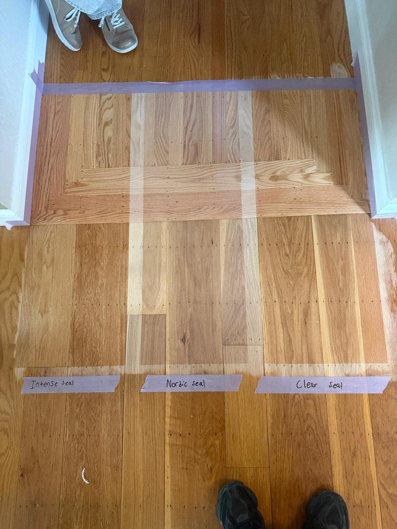 Hardwood floor seal samples - Nordic Seal, Clear Seal, Intense Seal